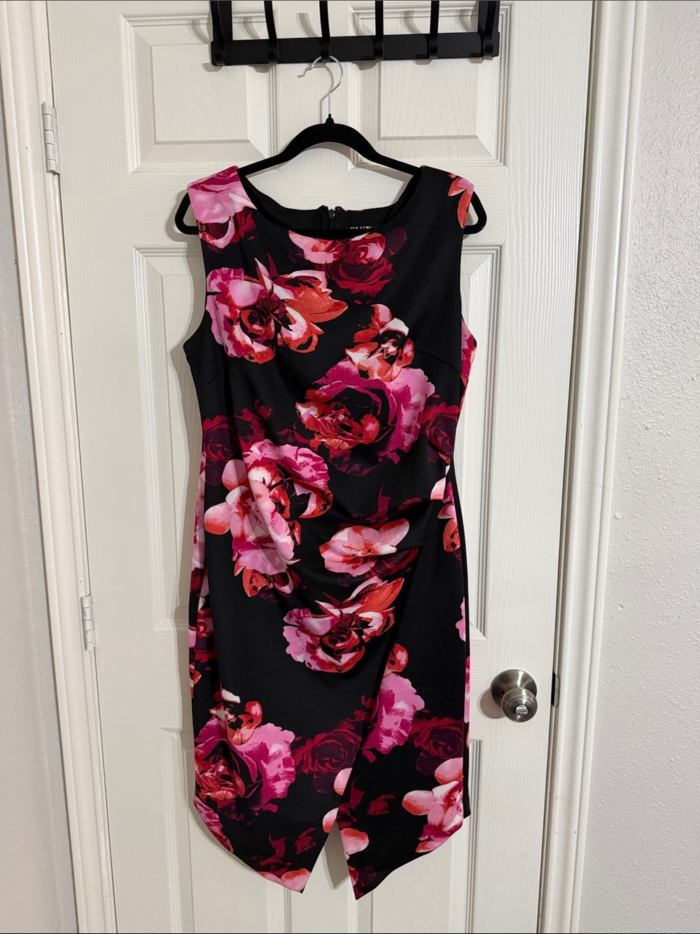 SLNY Black Midi Dress with Pink & Red Floral Print